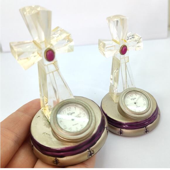 Pair‎ Vintage Elgin Clear Cross Clock 3" Miniature Home Decor (NEEDS BATTERY) - Picture 1 of 11